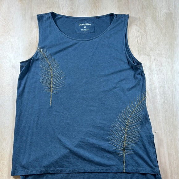 True Religion Tops - True Religion Womens Teal Blue Gold Metallic Feather Embroidered Tank Top XS